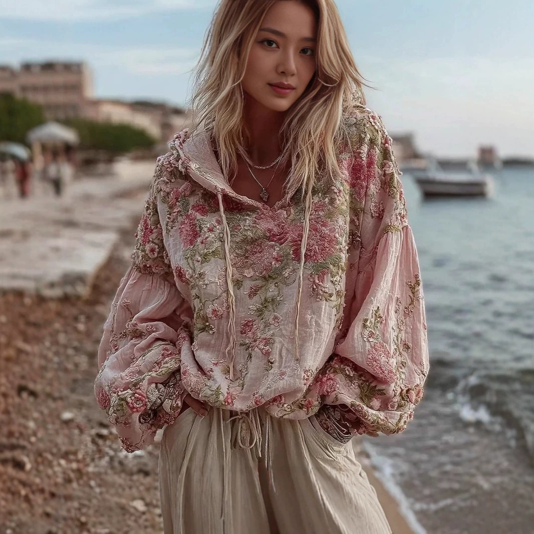 Japanese Cherry Blossom Print Loose Crewneck Sweatshirt