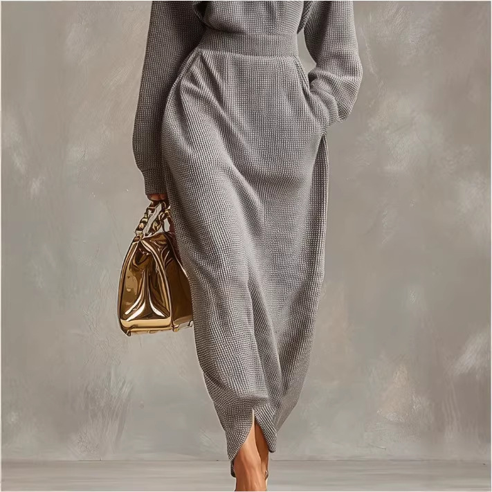 Light Gray Waffle Knit Long Sleeve Front Zip Collared Maxi Dress