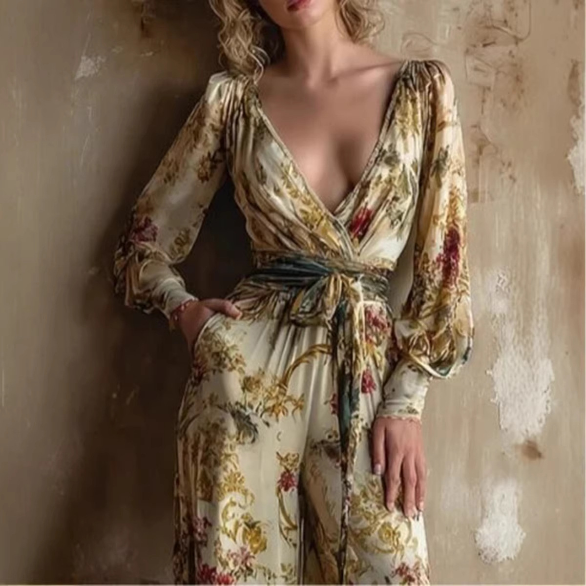 Women's Deep V Lantern Sleeve Floral Print Tie Wide Leg Jumpsuit