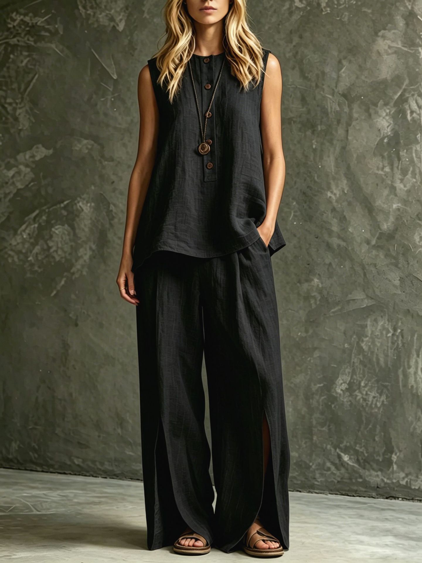 Women's Sleeveless Tank Top and Split Wide-Leg Pants Two-Piece Set