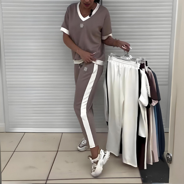 Women's V-Neck Short Sleeve Colorblock Top and Pants Sport Set