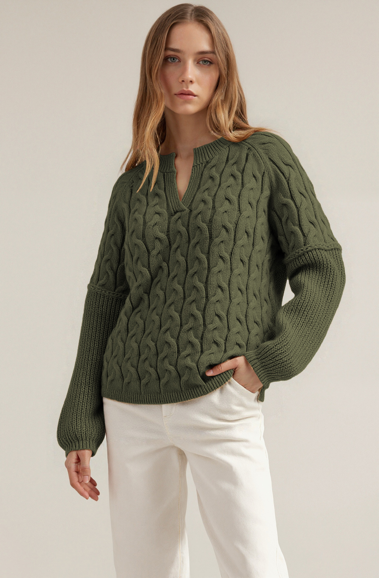 Cable-Knit V-Neck Long-Sleeve Sweater