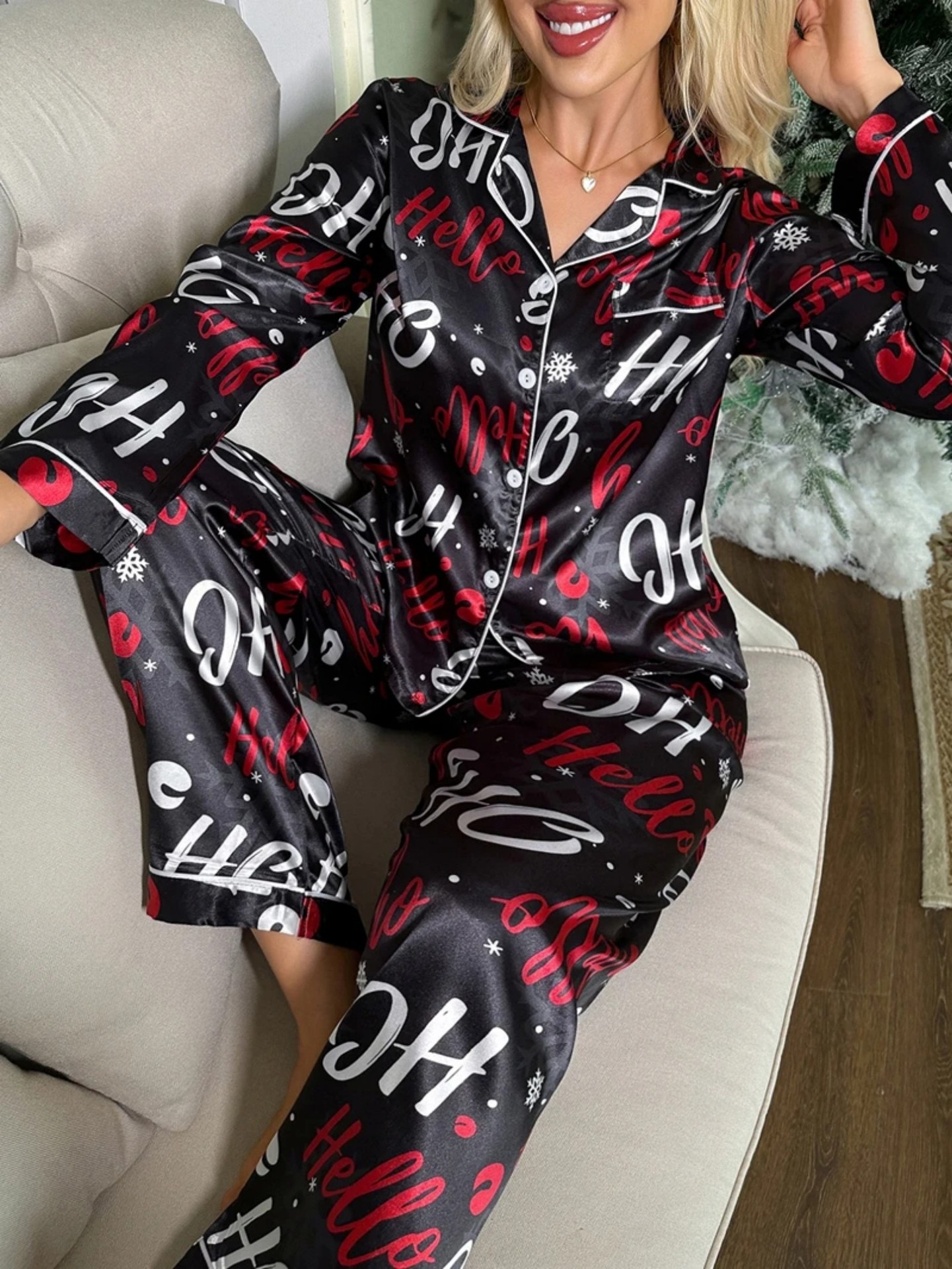 Women's Cuban Collar Christmas Reindeer Print Long Sleeve Shirt Set