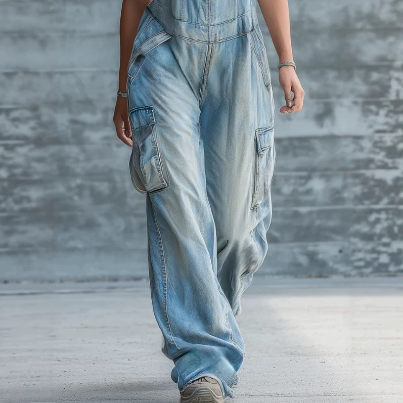 Retro Multi-Pocket Denim Sleeveless Jumpsuit
