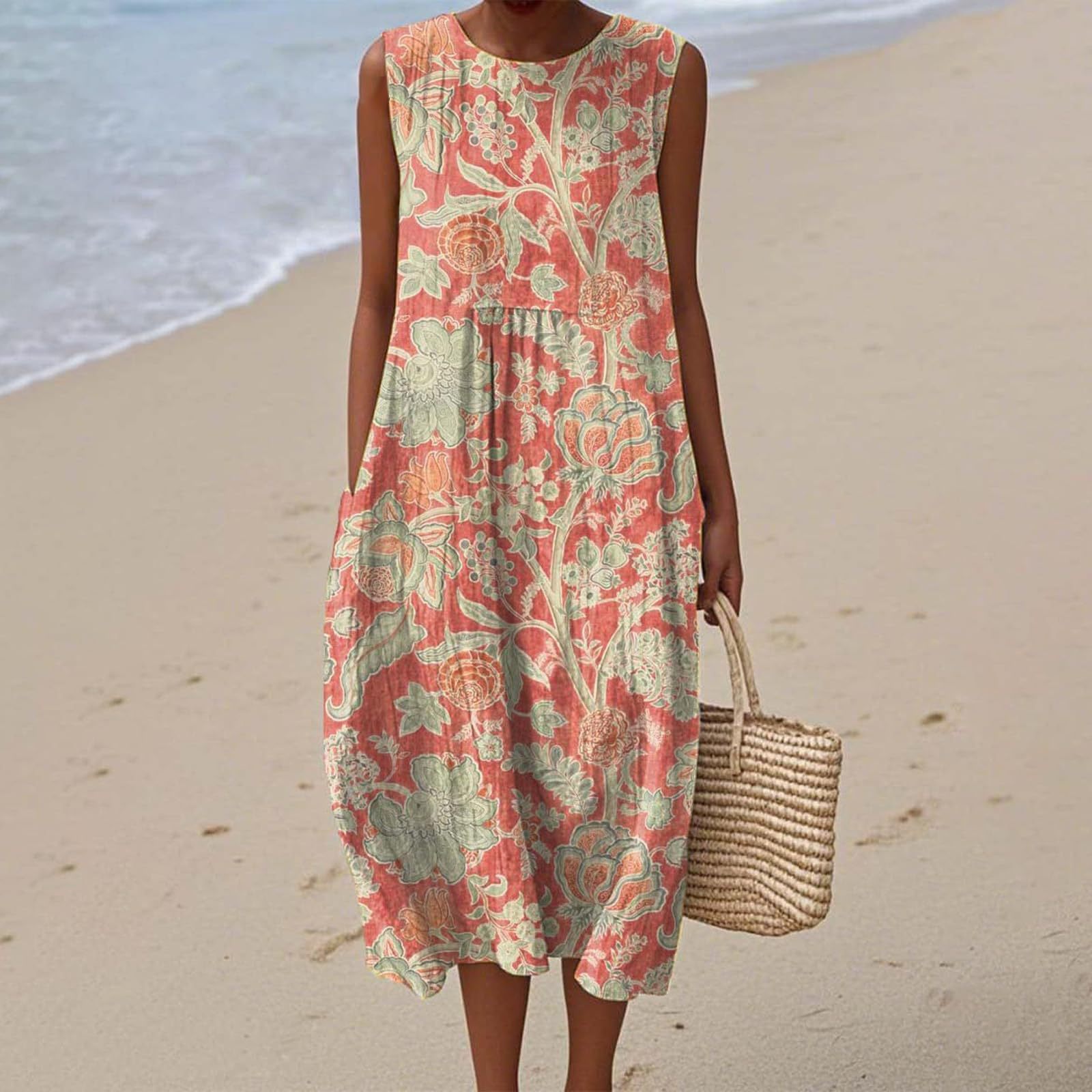 Women's Vintage Floral Print Midi Dress Sleeveless Round Neck Slim Fit