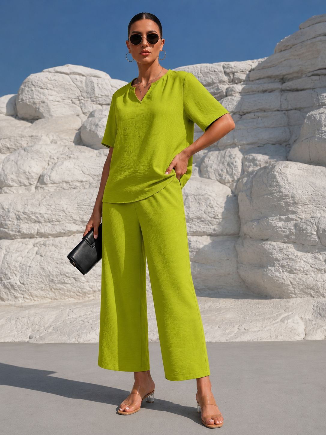 Women's Solid V-Neck Short-Sleeve Top & Wide-Leg Cropped Pants Vacation Set