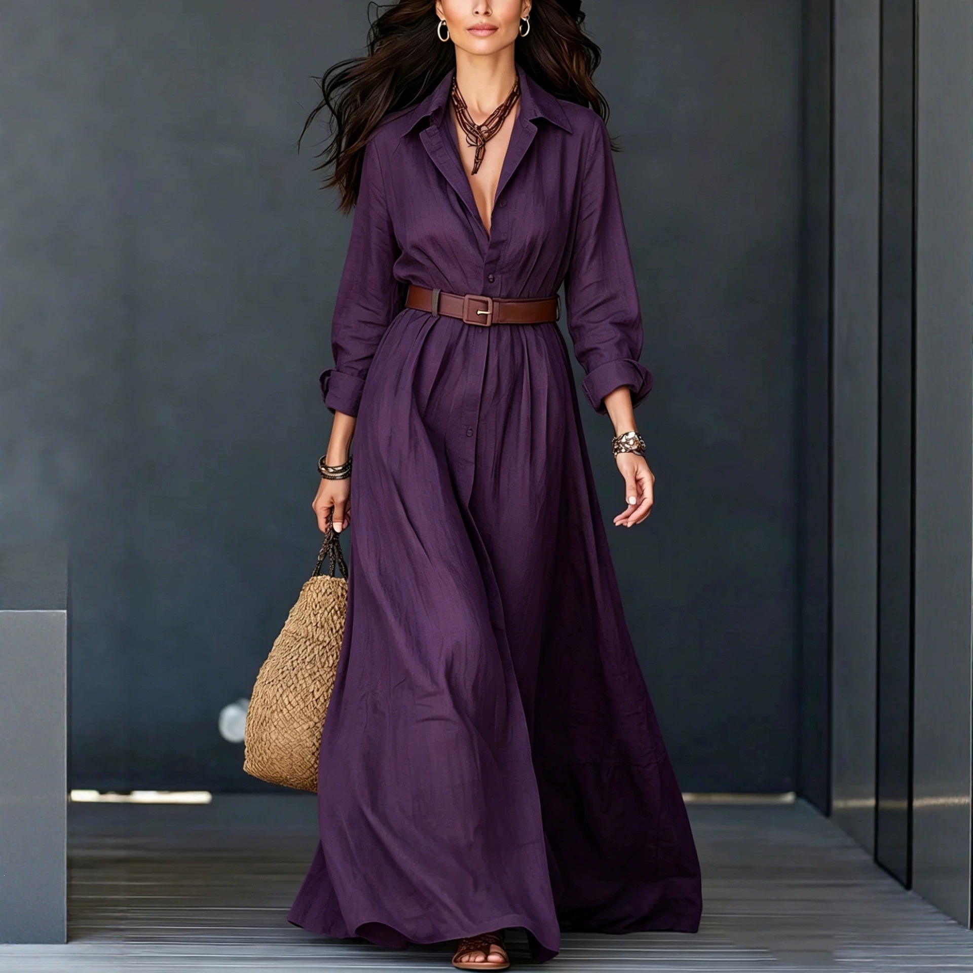 Women's Cotton-Linen Shirt Dress with Collar, Long Sleeves, Belted, Floor-Length