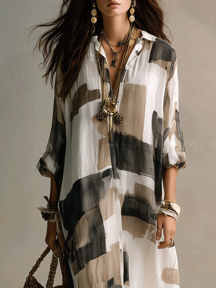 Women's Geometric Print Button-Front Collared Long Sleeve Maxi Dress