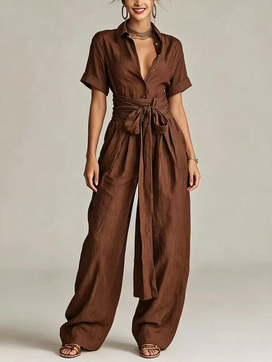 Women's Solid High-Waist Short-Sleeve Jumpsuit Casual Loose Straight-Leg