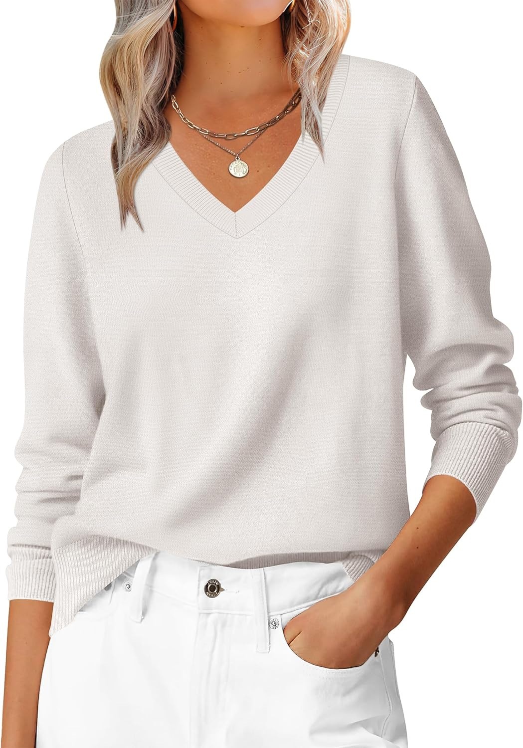Women's Long Sleeve V-Neck Sweater Soft Loose Pullover Classic Casual