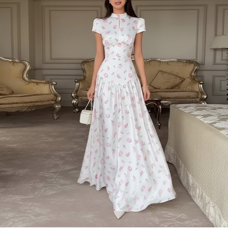 Women's Slim Fit Elegant Floral Print Waist-Cinched French Dress