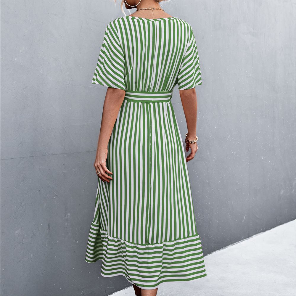 Cross V-Neck Tie Striped Midi Dress