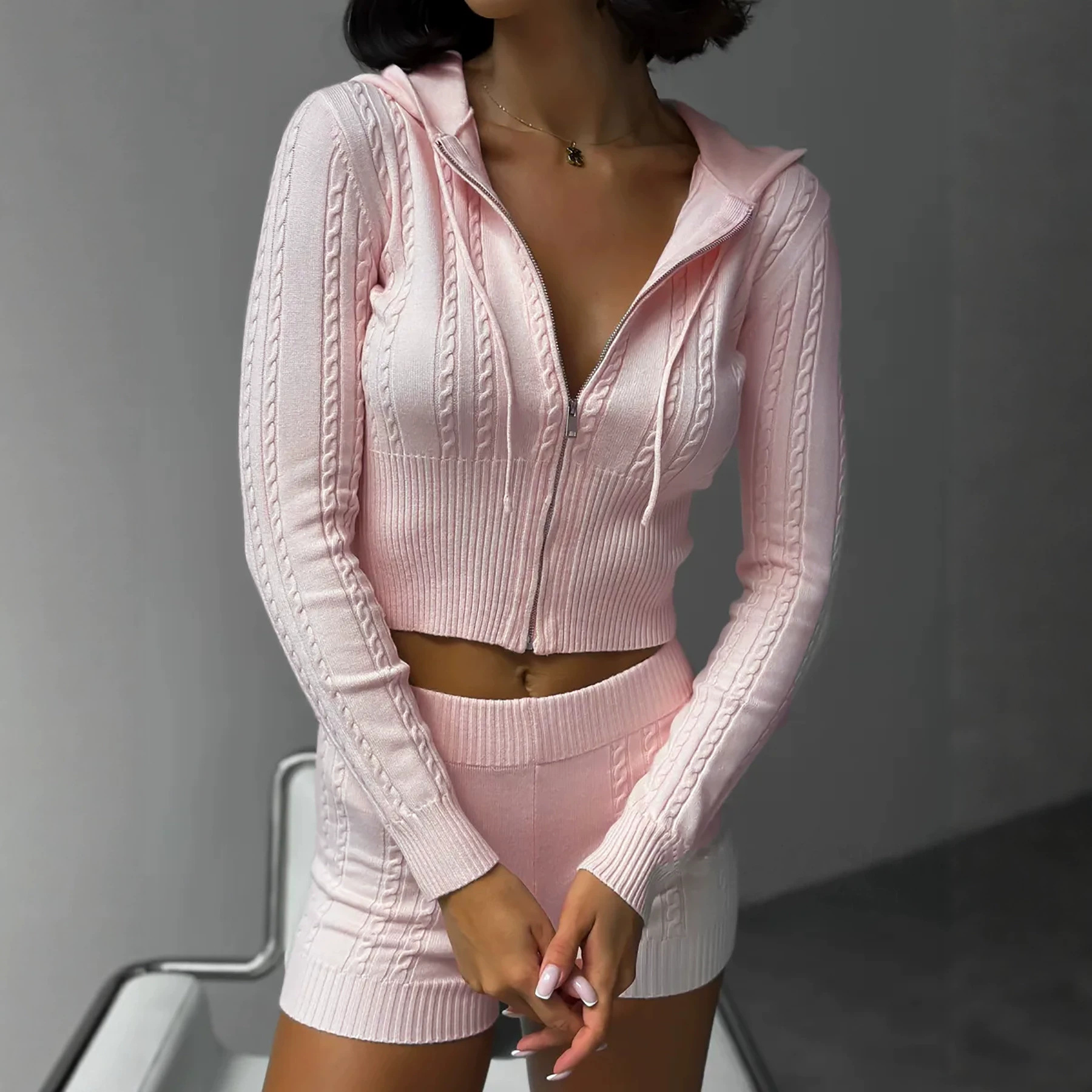 Women's Knit Hooded Cardigan and Shorts Set Crop Top Lounge Set