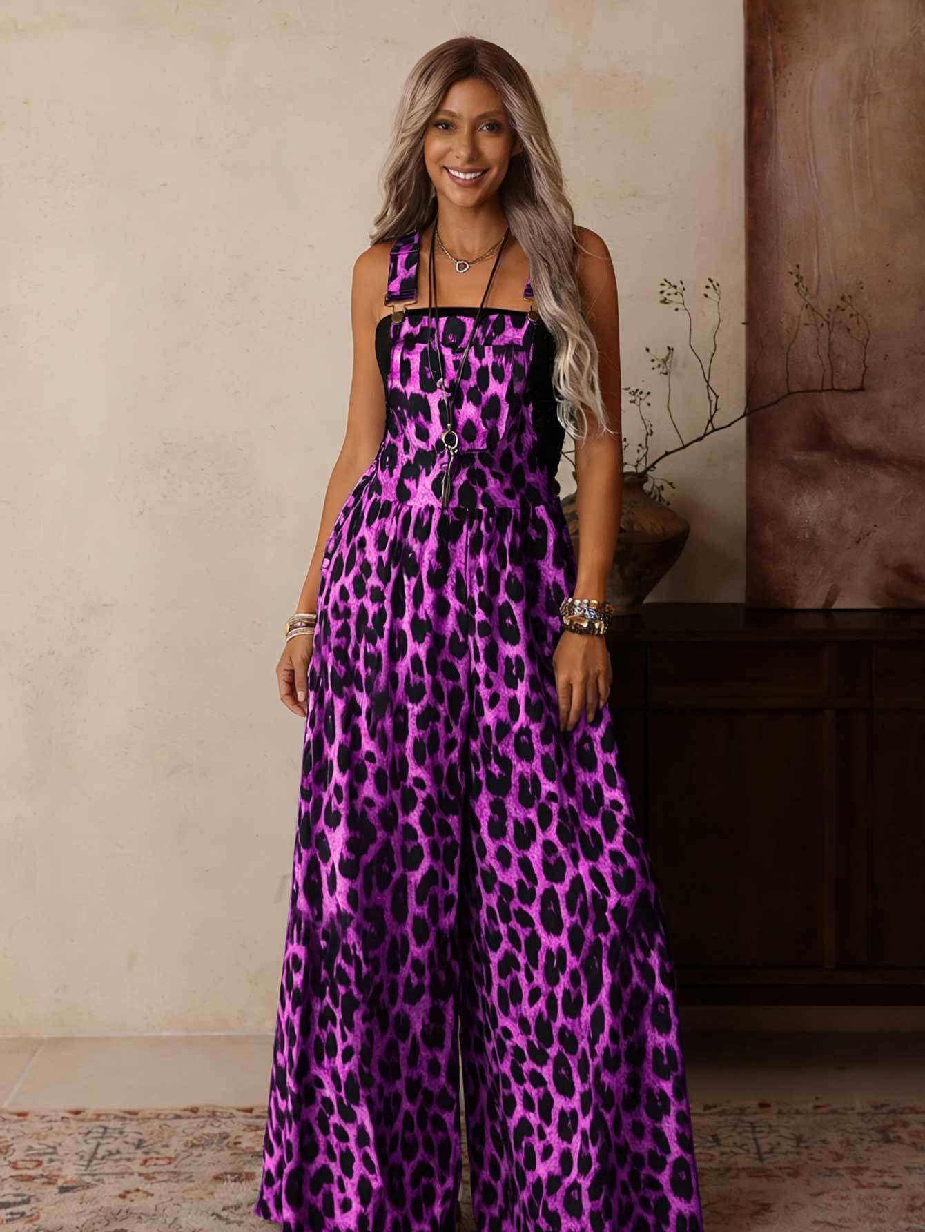 Women's Leopard Print Wide-Leg Jumpsuit with Adjustable Straps