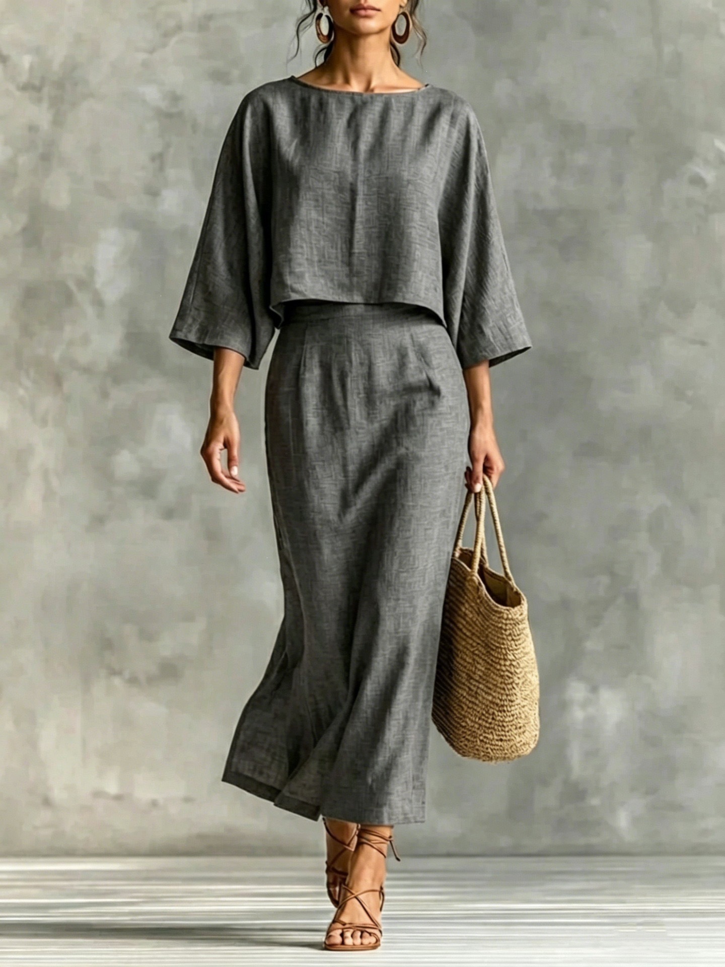 Women's High-Waist Midi Skirt Set with Round-Neck Seven-Sleeve Top