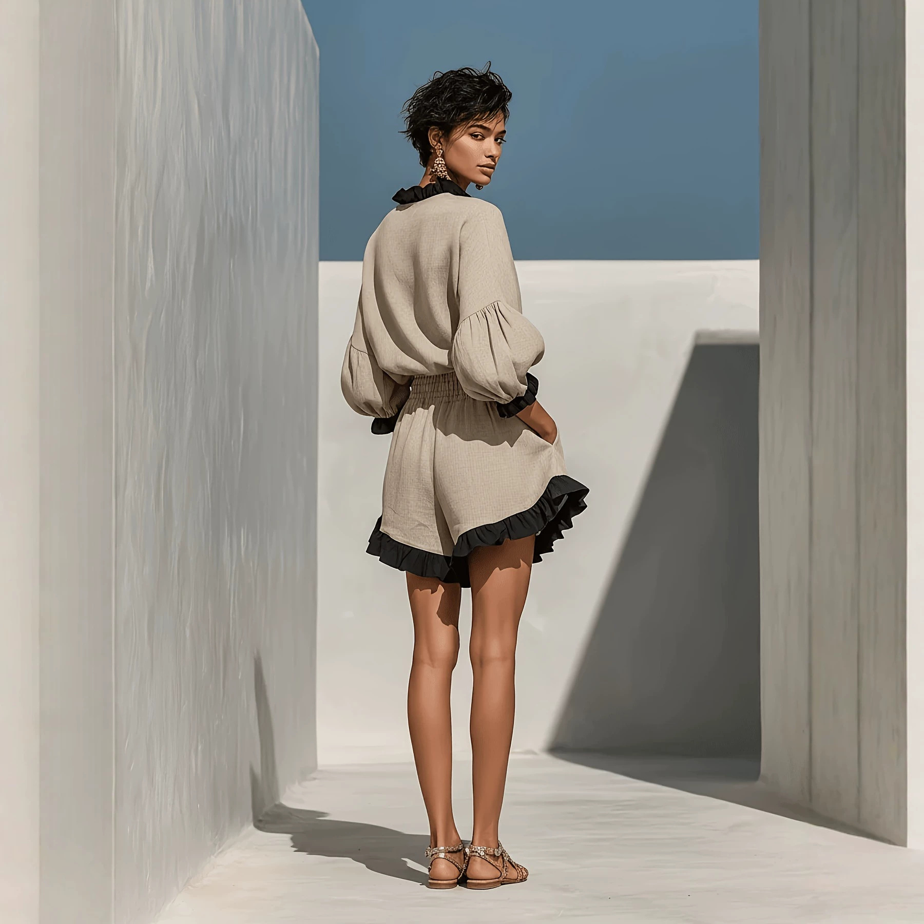 Color-Block Ruffle Linen Two-Piece Set with Lantern-Sleeve Top and High-Waist Pocket Shorts
