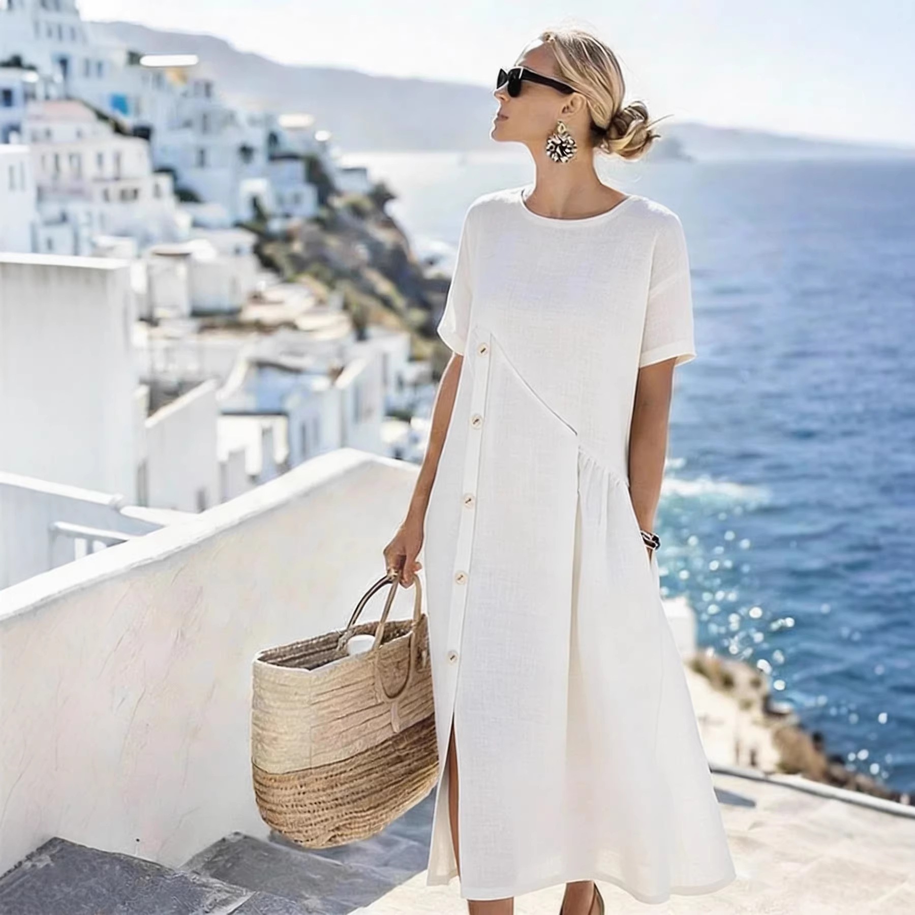 Women's Casual Button-Trim Midi Dress with Pockets