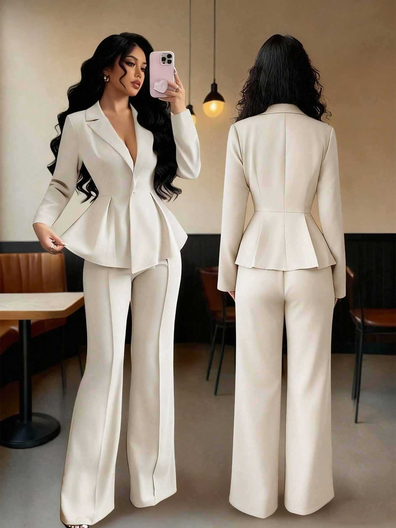 Women's Elegant Flared Pants Suit Set with Cinched Waist