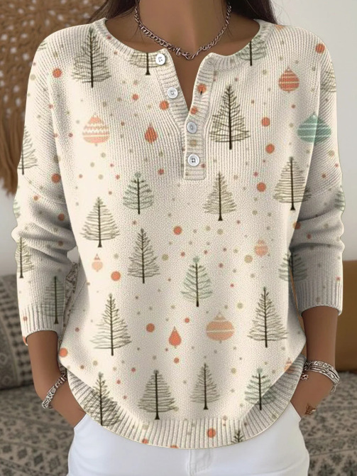 Women's Christmas Tree Snowman Scarf Print Button Sweatshirt
