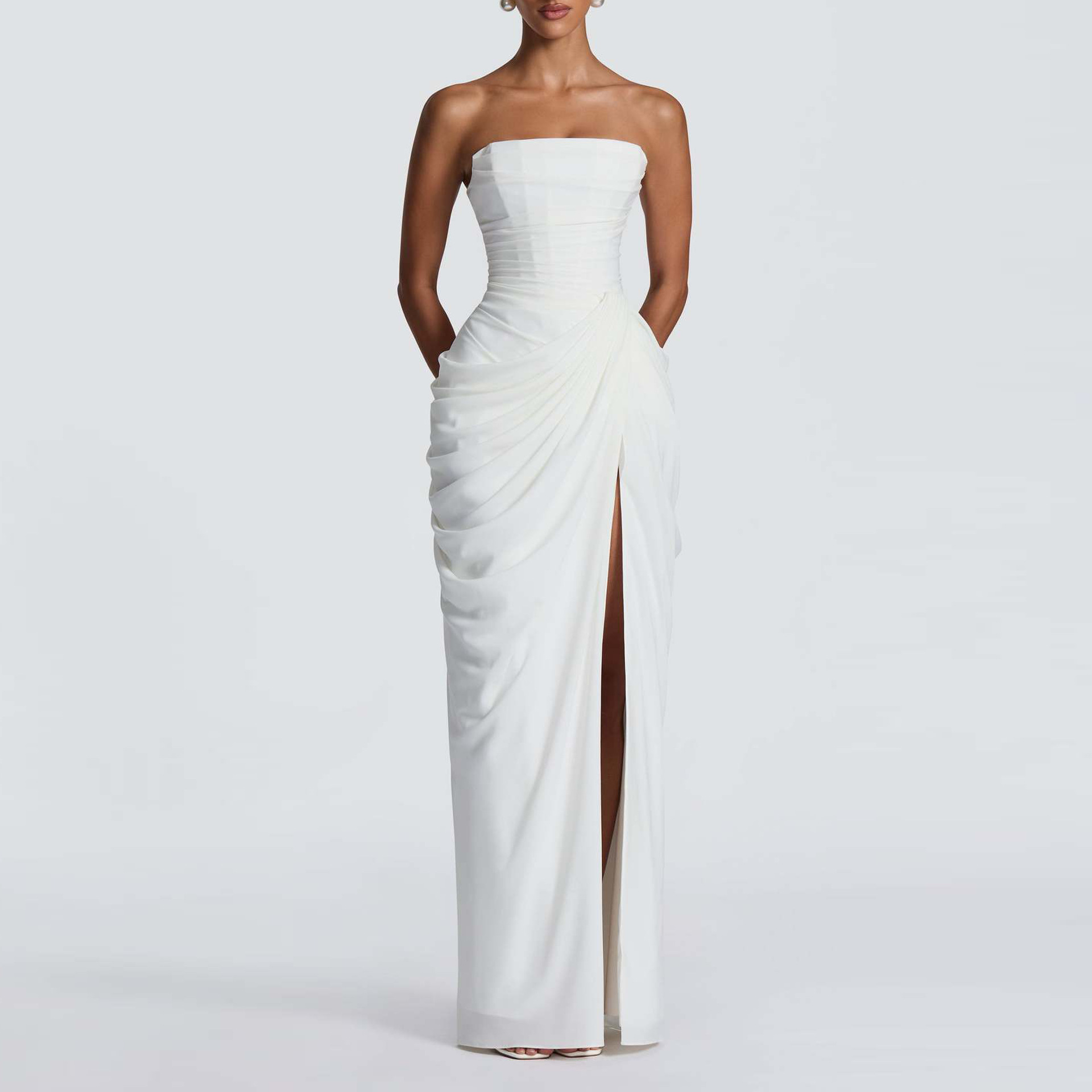 Elegant Solid Strapless High-Slit Long Dress