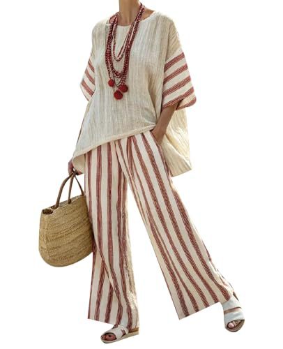 Women's Striped Print Crewneck 3/4 Sleeve Top & Pants Casual Set