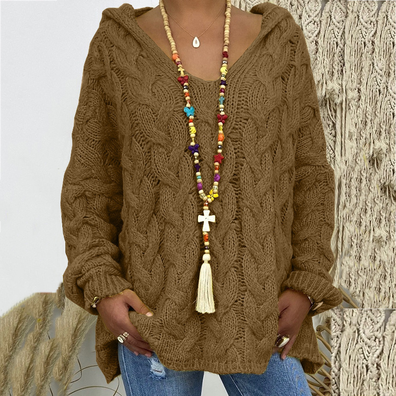Women's Cable-Knit Hooded Sweater, Pure Color Pullover