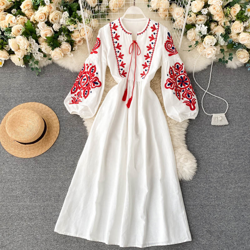 Ethnic Floral Print Lantern Sleeve Pleated Loose A-Line Midi Dress