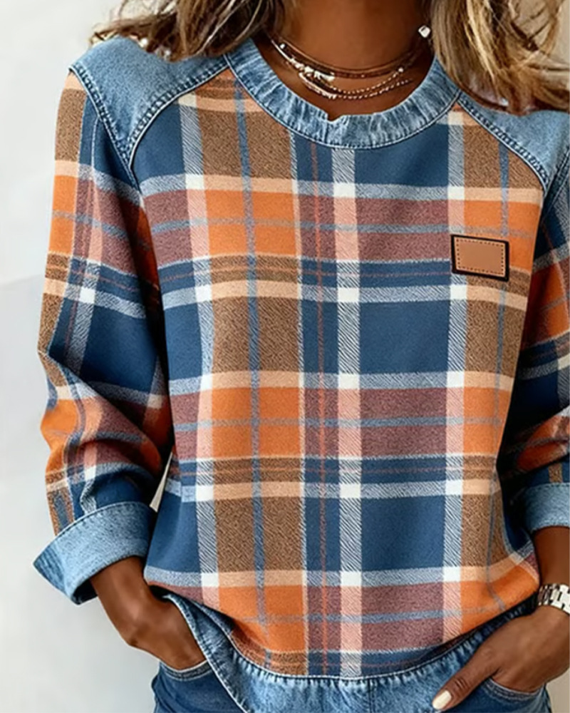 Plaid Spliced Denim Crewneck Loose Women's Sweatshirt