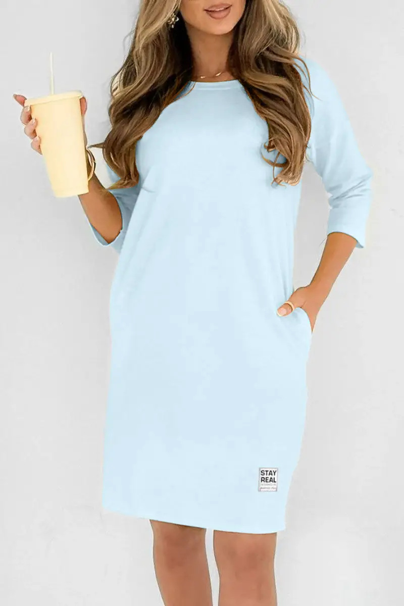 Women's Solid Crewneck Long Sleeve Loose Casual Midi Dress