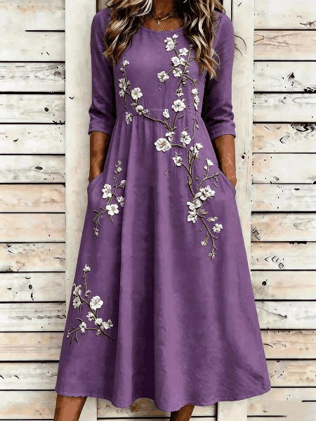 Floral Embroidered Midi Dress with Pockets