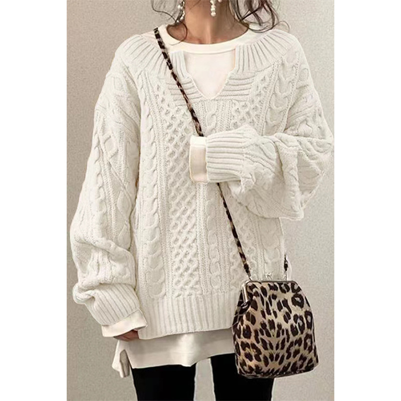 Cable-Knit Loose-Fit V-Neck Women's Sweater
