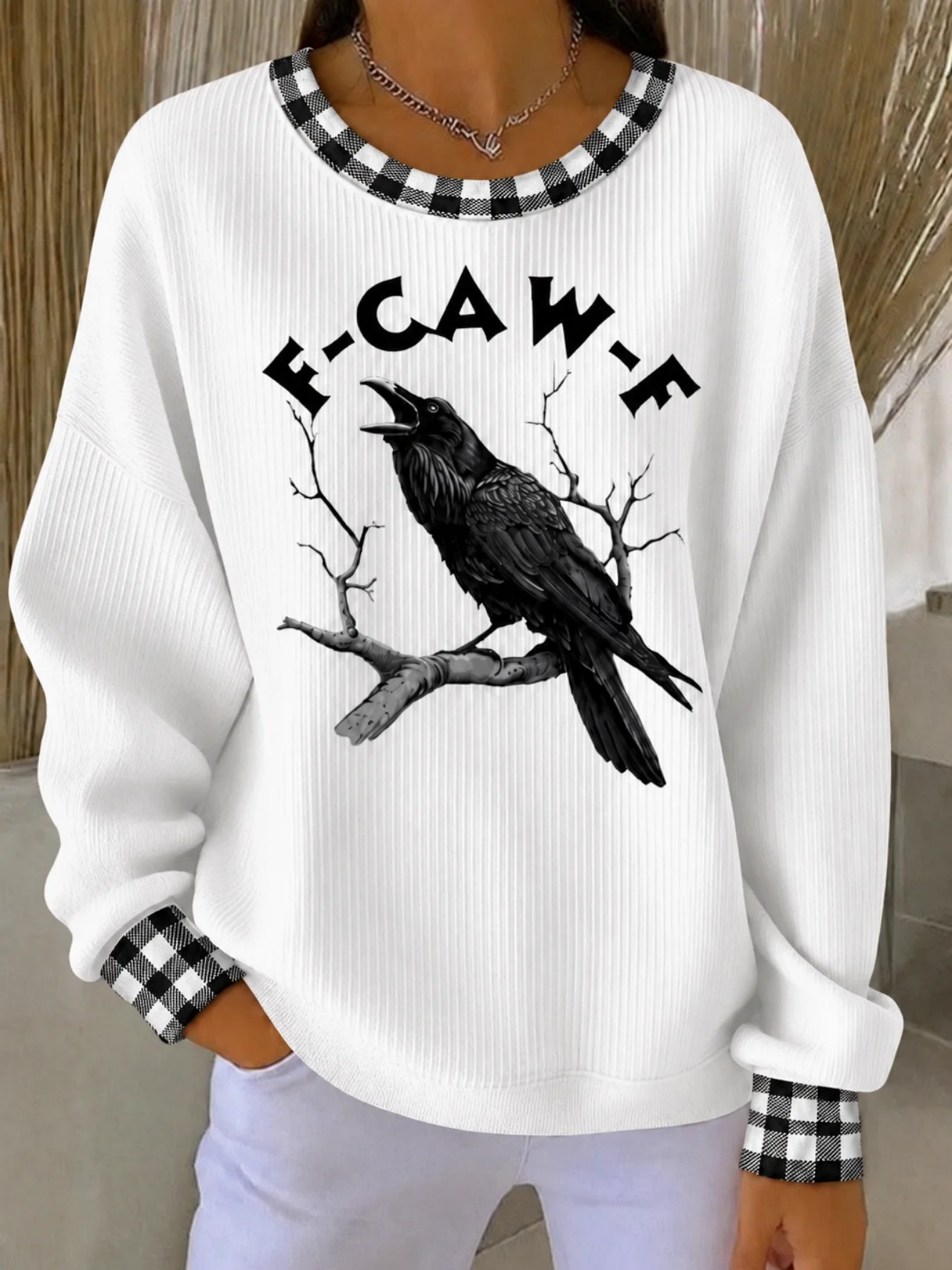 Crow Plaid Print Raw Edge Crewneck Long Sleeve Pullover Sweatshirt