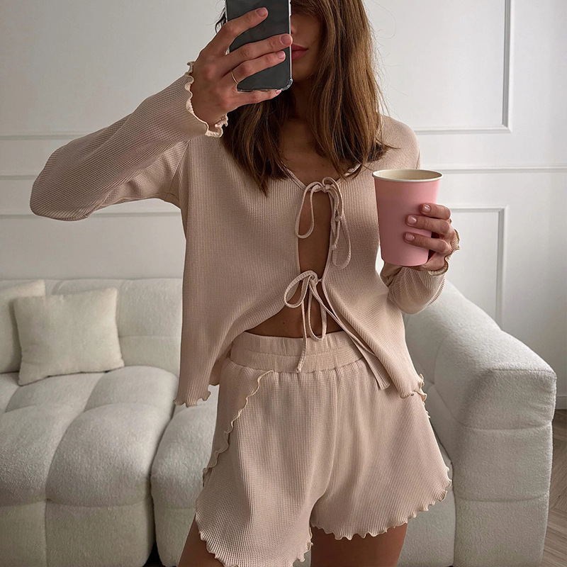 Women's Long Sleeve Tie-Front Cardigan & Split Shorts Set