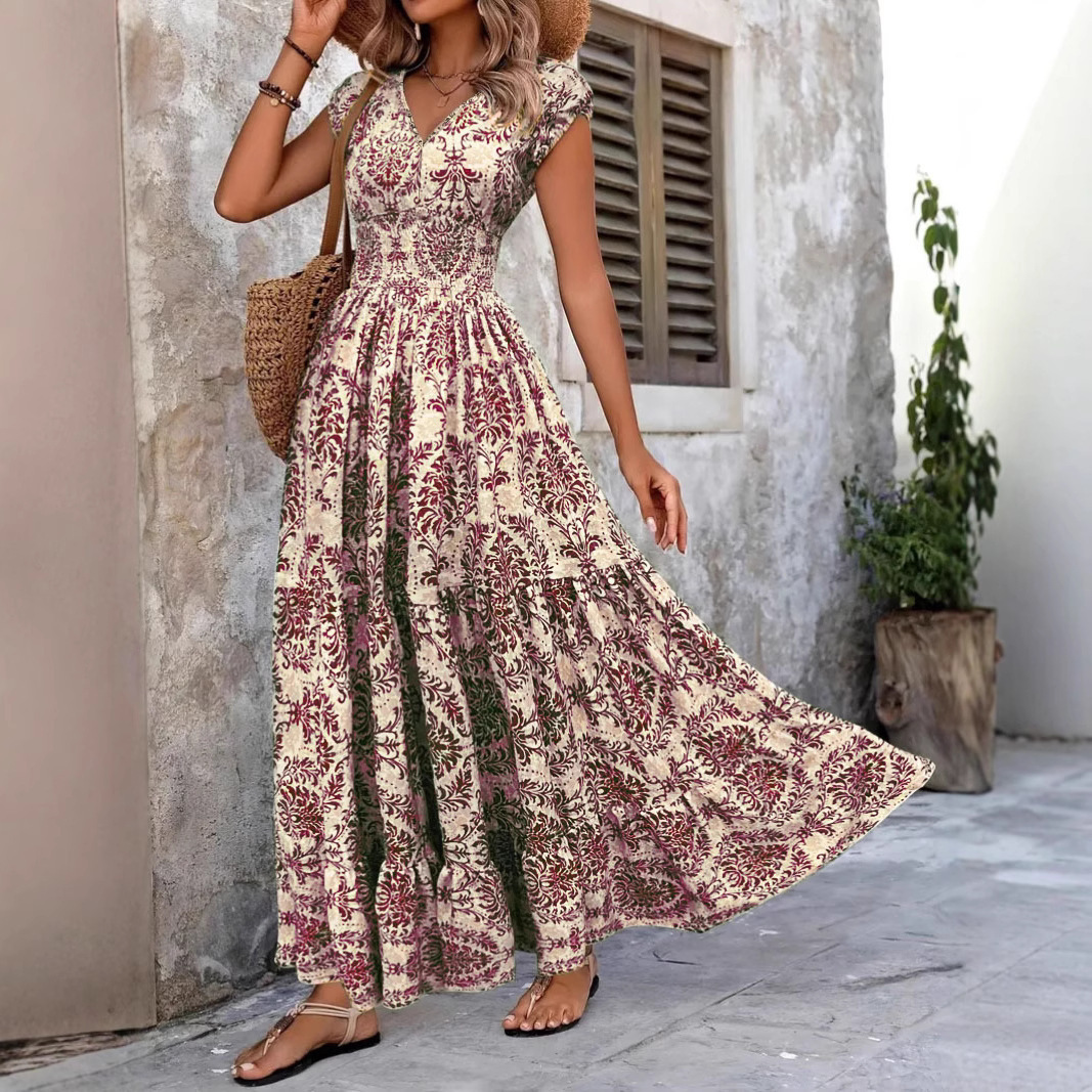 Vintage Floral Print V-Neck Short Sleeve A-Line Maxi Dress