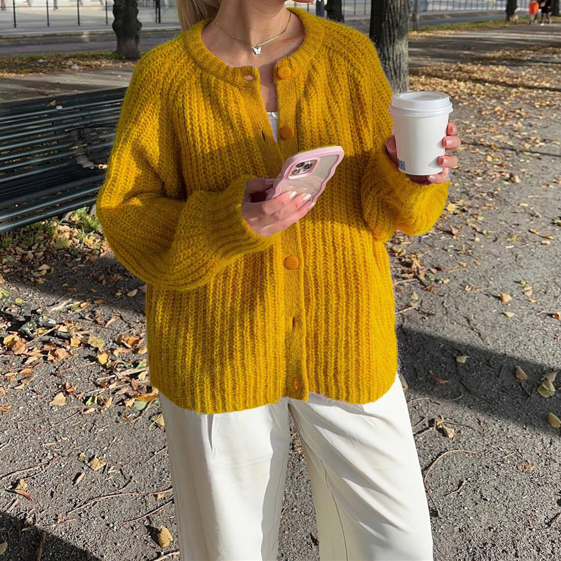 Women's Solid Knit Cardigan Crewneck Long Sleeve Sweater