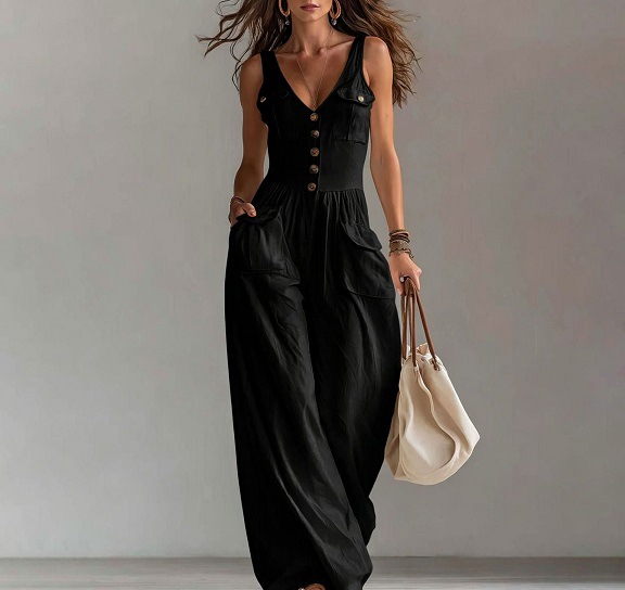 Women's Solid Color Button Pocket Loose Wide-Leg Overalls Jumpsuit