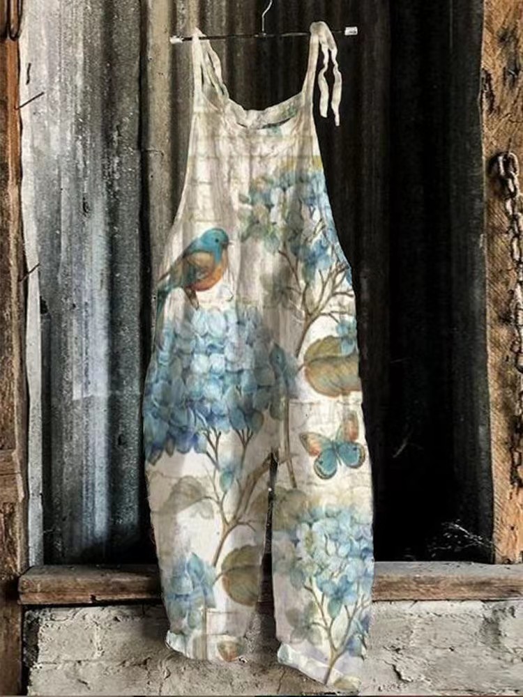 Women's Printed Cotton-Linen Cami Jumpsuit Sleeveless Wide-Leg Beach Romper