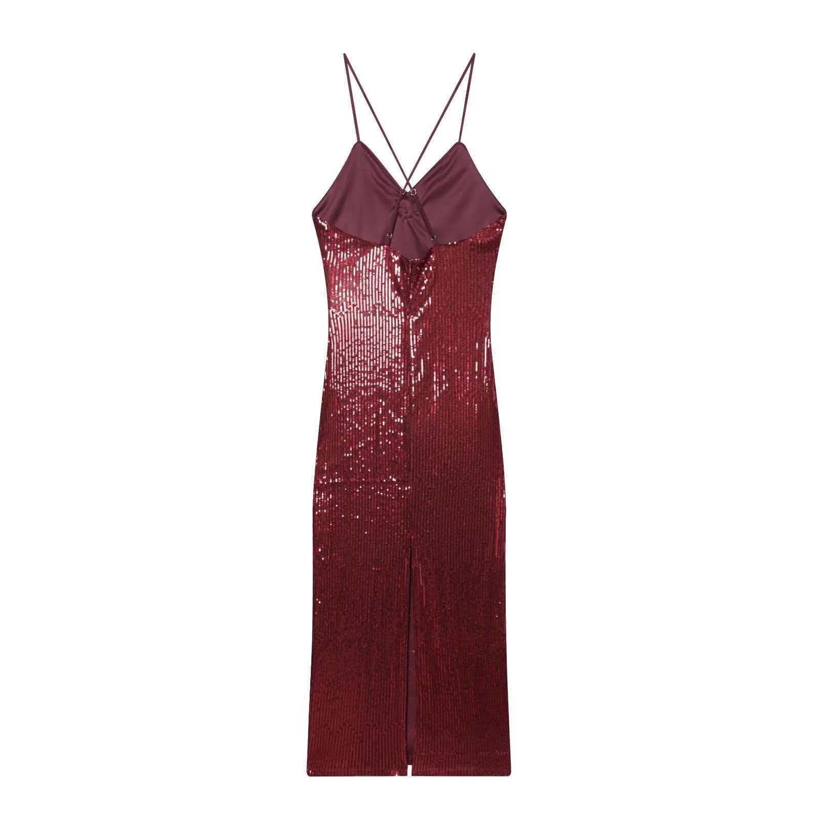 Sequin Spaghetti Strap Dress with Deep V-Neck and High Waist