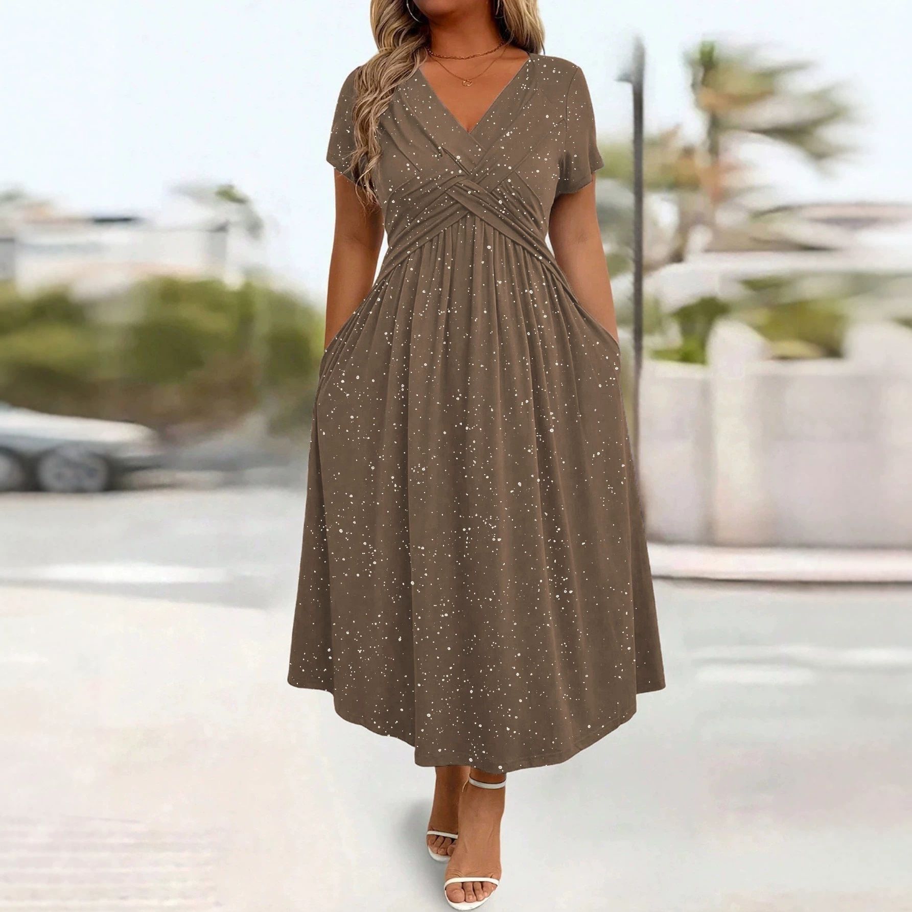 Sparkling V-Neck Short Sleeve Fitted Midi Dress