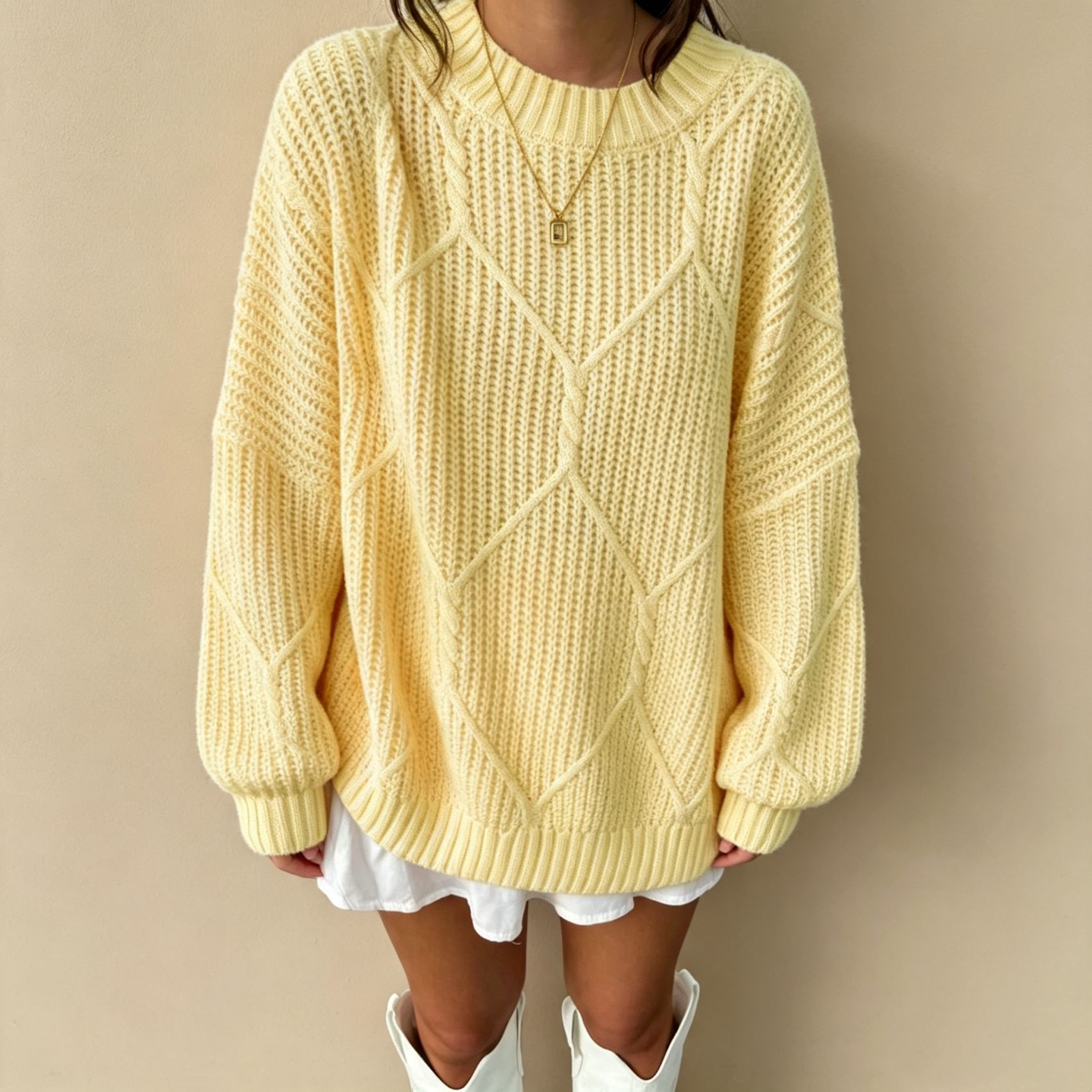 Women's Cable Knit Diamond Crewneck Pullover Sweater