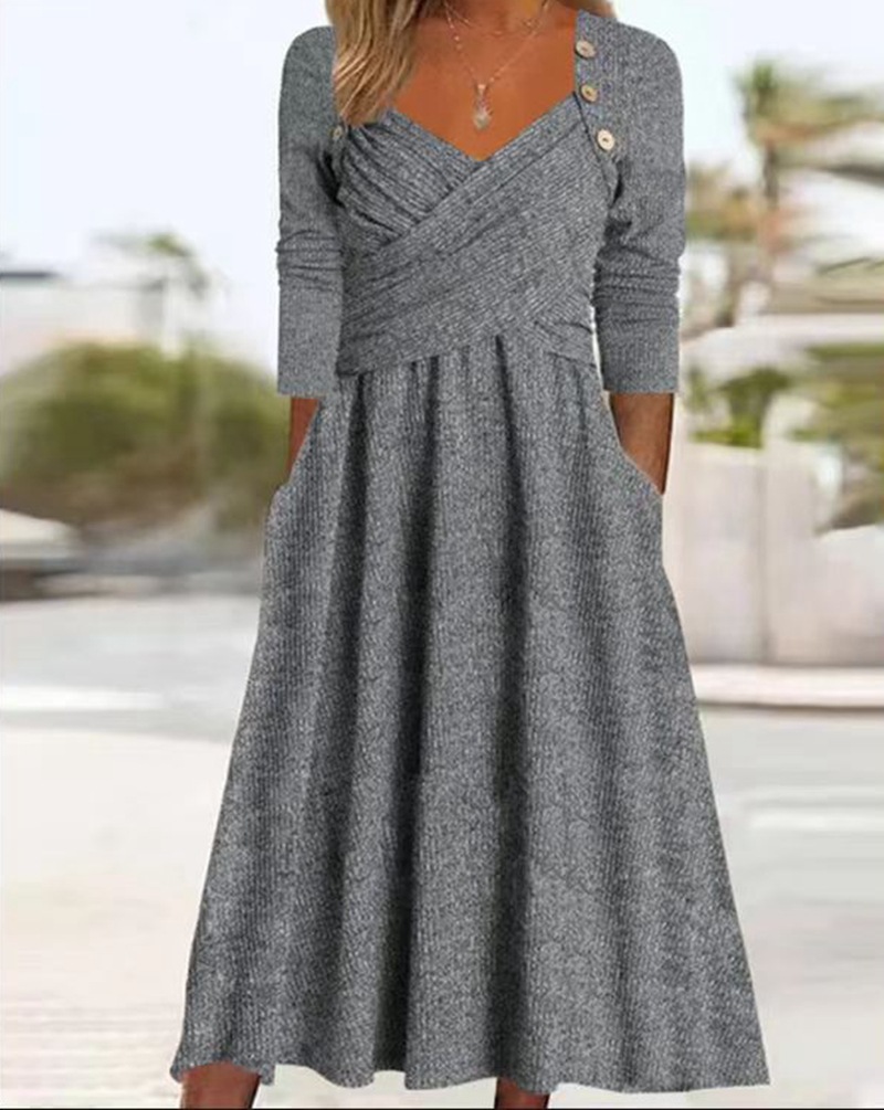 V-Neck Solid Color Long Sleeve Casual Dress