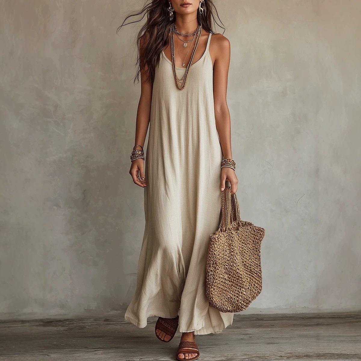 Boho Solid Color V-Neck Cami Dress Relaxed Fit