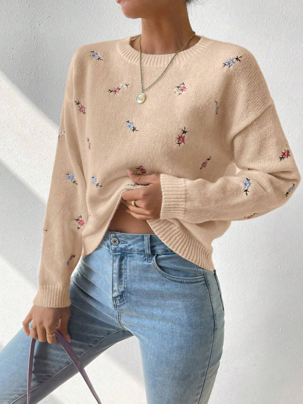 Korean-Style Soft Knit Round-Neck Pullover Sweater Loose Floral Embroidered Top