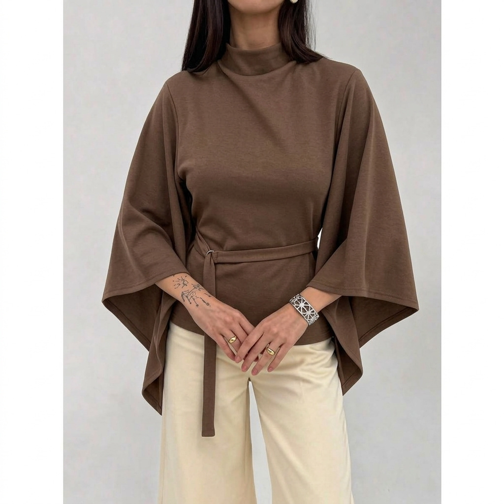 Women's Round Neck Batwing Sleeve Wrap Top Solid Color Waist-Cinching Elegant