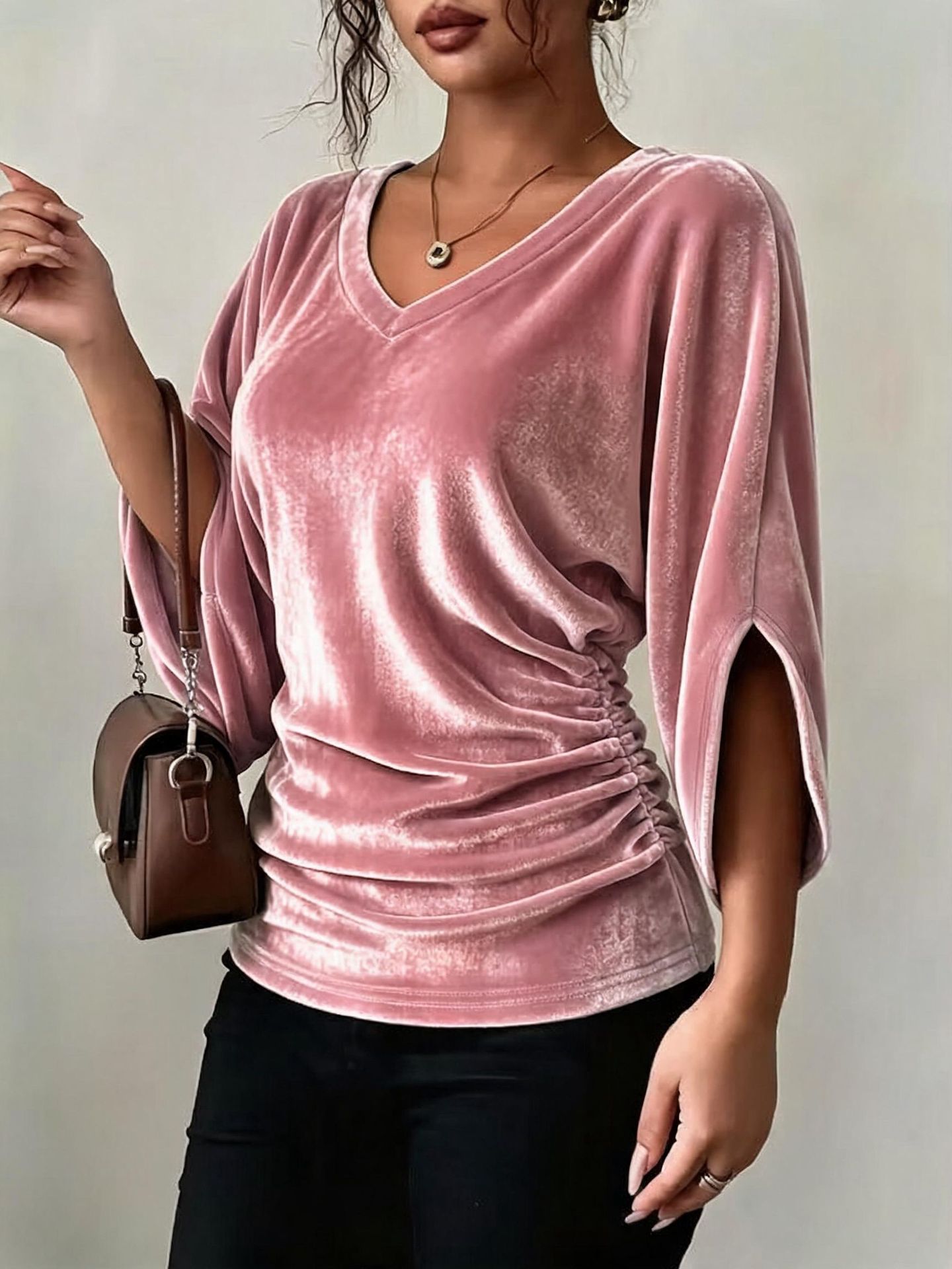 Women's Velvet V-Neck Batwing Sleeve Top