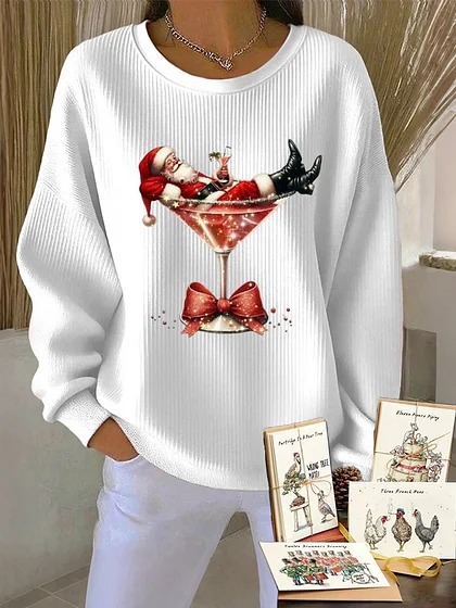 Women's Animal Wine Glass Paw Print Heart Print Crewneck Sweatshirt