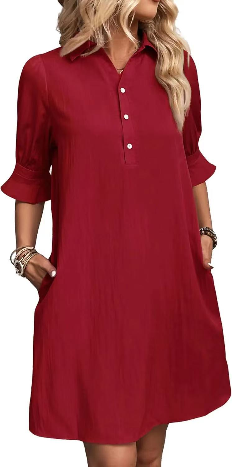 Women's Casual Loose Solid Color A-Line Dress with Collar and Buttons