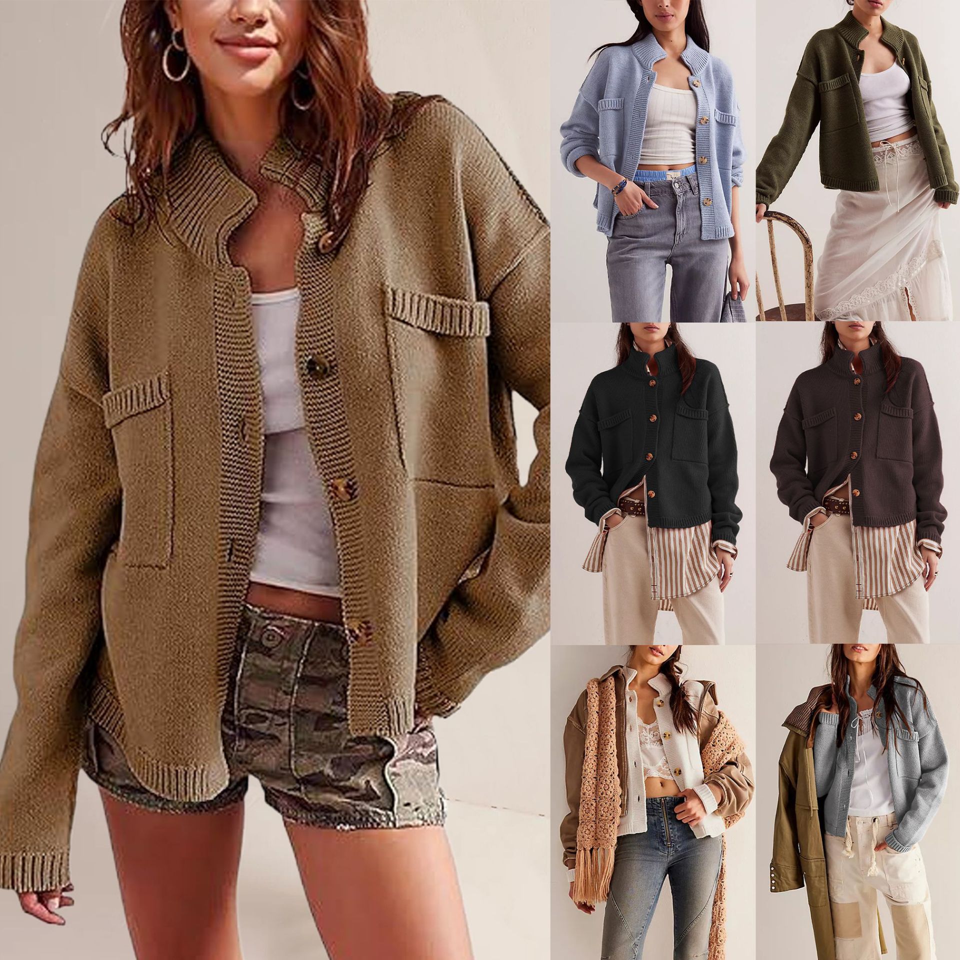 Women's Stand Collar Solid Knit Cardigan Sweater