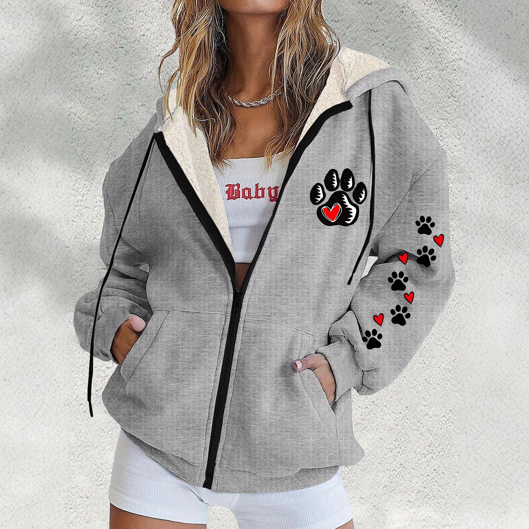 Women's Paw Print Heart Zip-Up Hoodie Long Sleeve Crew Neck