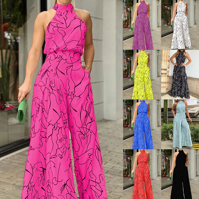 Women's Printed Sleeveless Wide-Leg Jumpsuit Slim Fit